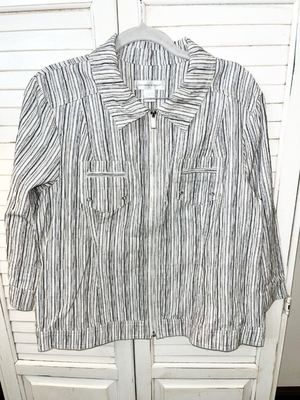 Christopher Banks Women's Black/White Striped Zip Up Jacket 100% Cotton Large